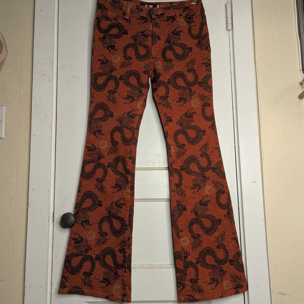 Japan MASH MANIA Dragon Print Boot Cut Jeans Red & Black Size L